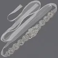 Elegant silver rhinestone bridal belt with sheer white organza ribbon for wedding dresses. - 115cm / Silver Floral Rhinestone Pearl/White Organza