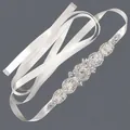Elegant bridal sash featuring silver rhinestones and pearls on a white satin ribbon - 115cm / Olive Inflorescence Rhinestone Pearl/White Satin Ribbon