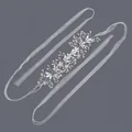 Elegant silver bridal sash belt featuring shimmering rhinestones and pearls on a white ribbon - 115cm / Leaf Flower Silver/White Chiffon Ribbon