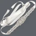 Elegant bridal wedding sash with silver rhinestones and pearls on white ribbon - 115cm / Floral Silver Rhinestone Pearl/White Satin Ribbon