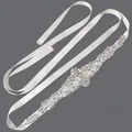 Elegant silver rhinestone bridal belt with white satin ribbon sash for wedding dress - 115cm / Rhombus Symmetric Silver Rhinestone/White Satin Ribbon