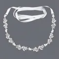 Elegant silver bridal belt with leaf rhinestones and pearls on a white satin ribbon - 115cm / Leaf Pearl Silver Rhinestone/White Satin Ribbon