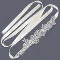 Elegant bridal silver rhinestone belt with ivory satin ribbon for wedding dresses - 115cm / Flower Cluster Leaf Silver Rhinestone/White Satin Ribbon