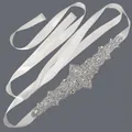 Elegant white satin bridal sash belt featuring an ornate silver rhinestone applique detail - 115cm / Palace Leaf Silver Rhinestone/White Satin Ribbon