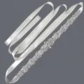 Elegant silver rhinestone bridal belt with white satin ribbon for wedding dresses. - 115cm / Leaf Silver Rhinestone Pearl/White Satin Ribbon
