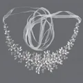 Silver bridal sash with sparkling crystal leaves and white ribbon for wedding dress - 115cm / Leaf Cluster Silver Rhinestone/White Chiffon Ribbon
