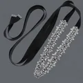 Elegant bridal wedding belt featuring silver marquise rhinestones and black satin ribbon - 115cm / Leaf Vine Silver Rhinestone/Black Satin Ribbon