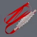 Premium sparkling silver rhinestone wedding belt with an elegant red satin ribbon - 115cm / Floral Streamline Silver Rhinestone/Red Satin Ribbon