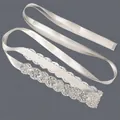 Luxury silver rhinestone bridal belt sash with white cream satin ribbon for wedding dress - 115cm / Floral Geometric Silver Rhinestone/Cream Satin Ribbon