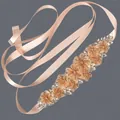 Elegant champagne bridal sash belt with beaded flowers and sparkling rhinestones - 115cm / Embroidered Floral Gold Bead/Champagne Gold Satin Ribbon