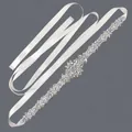 Elegant silver rhinestone bridal belt with white satin ribbon on gray background - 115cm / Floral Geometric Silver Rhinestone/White Satin Ribbon