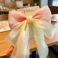 Handmade oversized pastel pink and yellow organza bow hair clip for women's elegant styling - Pink Yellow Streamer