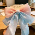 Elegant large dual-tone pink and blue fabric bow hair clip with organza texture - Pink Blue Streamer