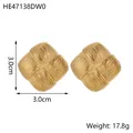 Elegant gold textured square stainless steel stud earrings, 3.0cm size, 17.8g weight - Retro Square Vertical Texture Style (HE47138DW0)