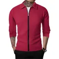 Elegante giacca da uomo rossa in maglia a nido d'ape con zip e colletto a rever - S / Borgogna