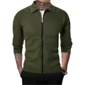 Men's olive green waffle knit zip-up jacket with lapel collar for casual autumn wear - Army Green