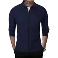 Stylish men's navy blue waffle knit zip-up jacket featuring a classic lapel collar design - Navy Blue