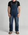 Vue détaillée de face d'une salopette en jean bleu rétro pour hommes avec bretelles - S / Bleu foncé
