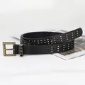 Vintage black leather belt for women featuring gold rivets and distressed pin buckle - 110 / Black