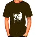 Detailed view of the white dripping skull graphic on an olive green men's T-shirt. - Army Green