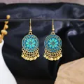 Vintage ethnic style blue enamel circular dangle earrings with gold bell tassels - Gold Cyan Flower Bell Tassel(E4416)