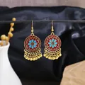 Vintage ethnic style round earrings with blue flower and gold bell tassels - Gold Red Base Blue Flower Bell Tassel(E4383-1)