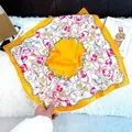 Elegant yellow square silk scarf with vibrant pink tulip and golden chain print - Square Scarf 77 / 65