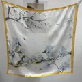 Elegant floral silk-like square scarf featuring yellow border and traditional ink painting - New Silk Scarf/small Square Scarf 6 / 65