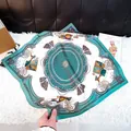 Elegant teal silk square scarf featuring a vintage carriage and gold chain print design - New Silk Scarf/small Square Scarf 23 / 65