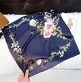 Elegant dark blue silk square scarf featuring vibrant pink rose and green leaf floral prints - New Silk Scarf Small Square Scarf Size 34 / 65