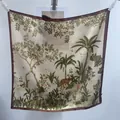 Elegant small square silk scarf featuring luxury jungle animal and tropical plant prints - Colorful Natural Silk Scarves / 65