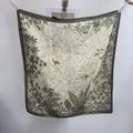 Elegant vintage floral and bird print square silk scarf with a deep forest green border - Green Square Scarf With Leaves And Flowers For Export / 65