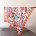 Elegant silk scarf featuring vibrant fruit and floral prints with orange border - Color-blocked Pink Silk Scarf / 65