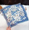 Elegant blue and white paisley floral print square silk scarf for women SKU variant - Blue Square Scarf Made Of Aquatic Leaves / 65