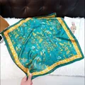 Elegant teal and yellow paisley floral silk-like square scarf for women's fashion accessory - Aquatic Leaf Lake Blue Square Scarf / 65