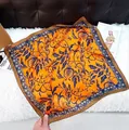 Premium orange silk-like square neck scarf with elegant navy pomegranate floral pattern - Aquatic Leaf Orange Handkerchief / 65