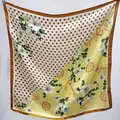 Elegant faux silk square scarf featuring a floral and polka dot diagonal print - Bright Yellow Polka Dot Floral Small Square Scarf / 65