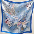 Elegant blue and white floral print square silk-like scarf with a deep blue border - Blue Floral Small Square Scarf / 65