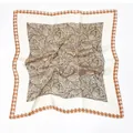 Elegant silk-like square scarf featuring artistic leaf patterns and orange houndstooth border - Thousand Birds Leaf Orange Handkerchief / 65