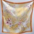 Elegant yellow floral square silk-like scarf with orange border finish SKU view - Orange Flower Square Handkerchief / 65