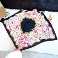 Elegant silk-like square scarf featuring pink tulip and gold chain floral print designs - New Silk Scarf 76 / 65