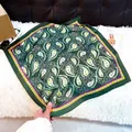Elegant green paisley pattern square silk scarf with purple and yellow borders. - New Silk Scarf 163 / 65