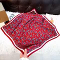 Elegant red silk-like square scarf with blue paisley print and white border accent - New Silk Scarf 159 / 65