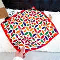 Elegant colorful geometric floral square silk scarf with a vibrant red border variant - Small Square Scarf 131 / 65
