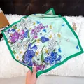 Elegant mint green silk square scarf featuring vibrant floral and butterfly patterns - 137 Square Scarves / 65