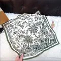 Premium square silk scarf featuring an elegant green botanical jungle print design - New Silk Scarf 142 / 65