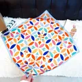 Vibrant geometric floral print silk-like satin square scarf with light blue border - Small Square Scarf 135 / 65
