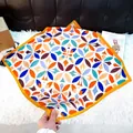 Elegant colorful geometric floral pattern square silk-like scarf with mustard yellow border - Small Square Scarf 130 / 65