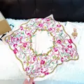 Elegant pink square silk scarf with tulip floral patterns and gold chain details - 70 Square Scarves / 65