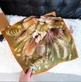 Elegant olive green square silk scarf with botanical palm leaf and orchid print - Silk Scarf 82 / 65